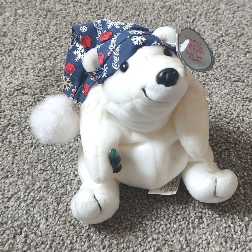 Styleโ#0169 Coca Cola Bean Bag Plushโ Polar Bear In Blue Night Cap